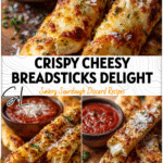 Golden sourdough parmesan breadsticks served with marinara sauce and sprinkled cheese on a rustic board.