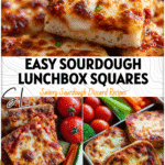 Square mini sourdough pizzas filled with cheese and sauce arranged in a lunchbox with fresh veggies.