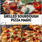 Grilled sourdough pizza with golden bubbly crust and fresh toppings on a hot summer day.