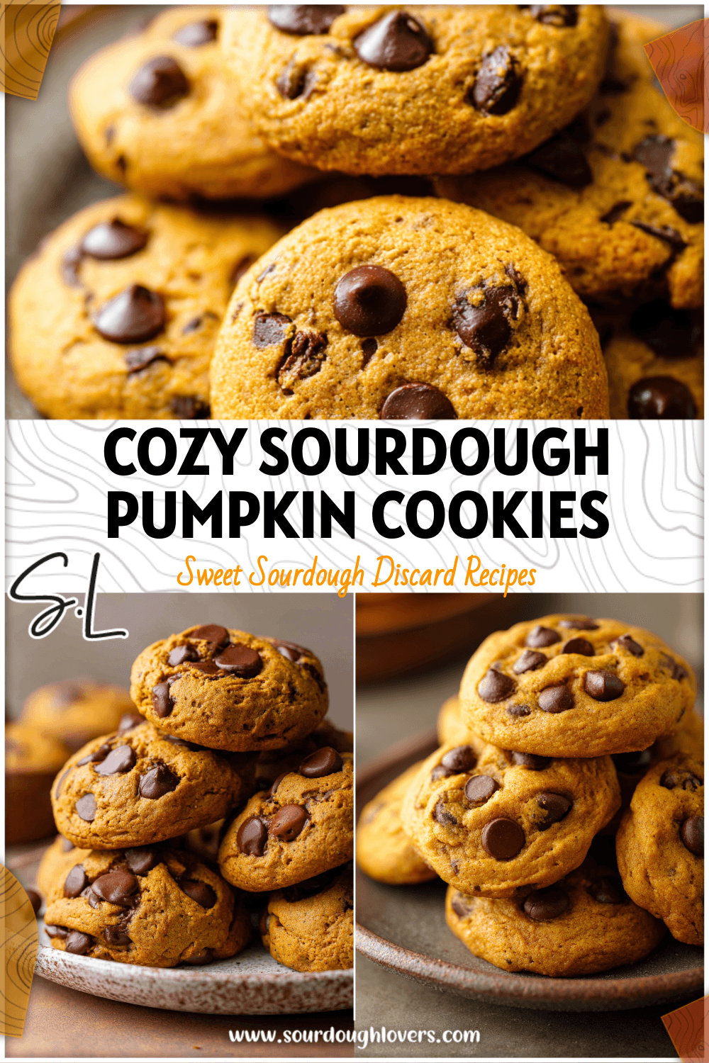 Stack of golden Sourdough Pumpkin Chocolate Chip Cookies with pumpkin spice and melted chocolate chips on a rustic plate