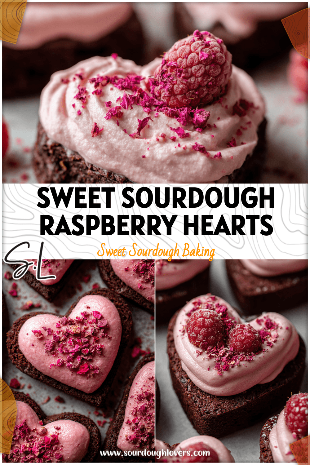 Heart-shaped sourdough raspberry brownies topped with Raspberry Buttercream and Freeze Dried Raspberries.