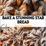Sourdough Snowflake Bread: A Beautiful Christmas Cinnamon Star Bread 5 Golden Star-shaped Sourdough Snowflake Bread dusted with powdered sugar on a holiday table
