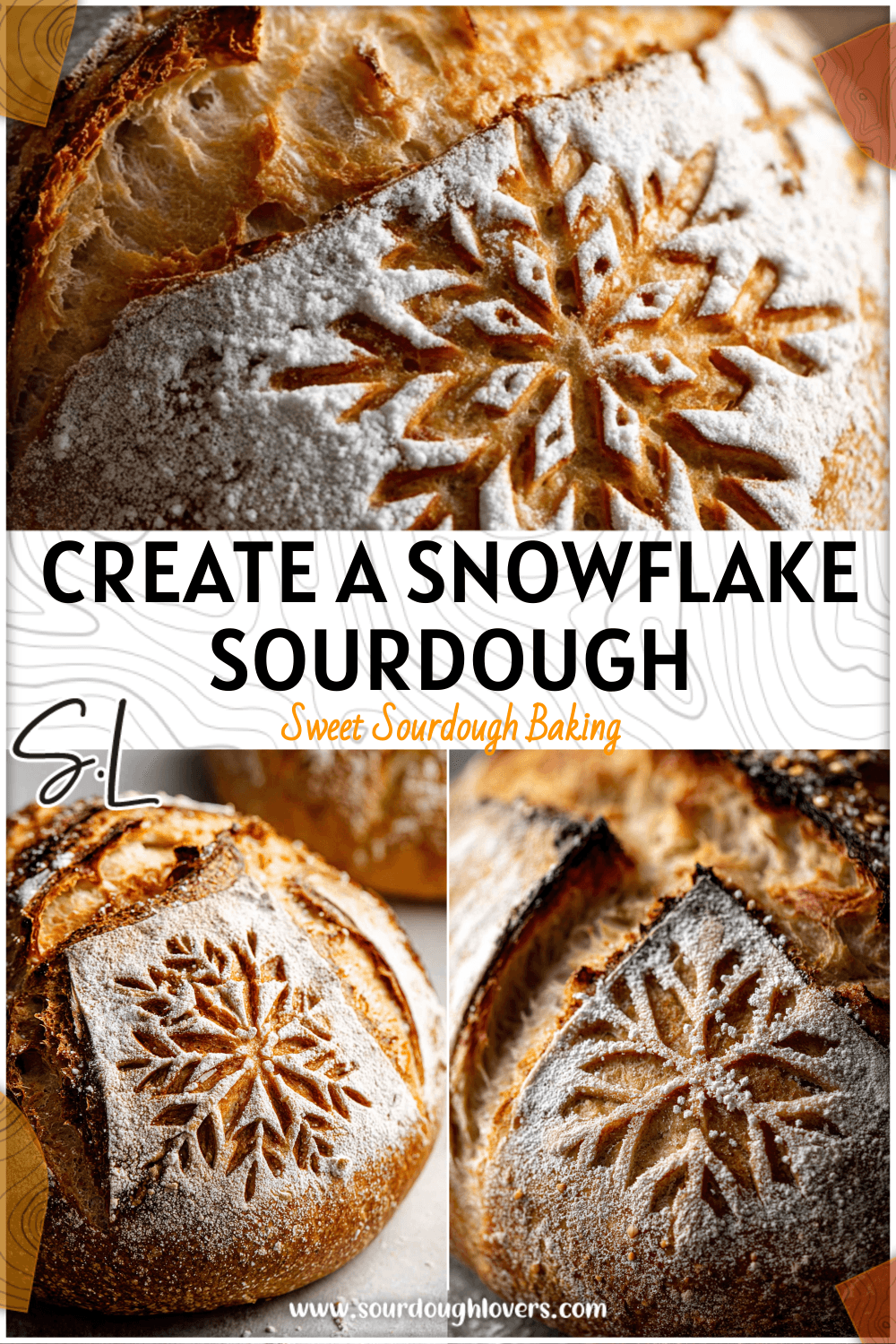 Golden sourdough loaf with a snowflake scoring design showcasing festive winter scoring patterns.