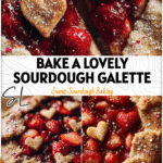 Rustic sourdough strawberry galette topped with red jam, dusted sugar, and heart-shaped pastry accents.