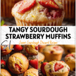 Freshly baked sourdough strawberry lemonade muffins with sliced strawberries and lemon zest on a cooling rack.
