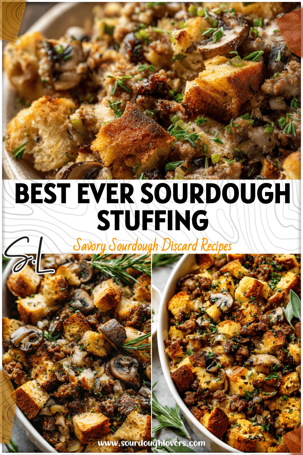 Golden sourdough stuffing with sausage and mushrooms baked in a casserole dish for Thanksgiving.