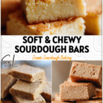 Golden sourdough sugar cookie bars cut into squares on a wooden board for a healthy sourdough breakfast.