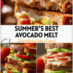 Golden sourdough turkey and avocado melt topped with sliced tomato and melted cheese on a plate.