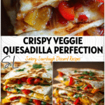 Close-up of golden sourdough veggie quesadillas with roasted peppers and melted cheese.