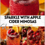 Close-up of a bubbly Apple Cider Mimosa with cranberry and orange slice on a holiday table.