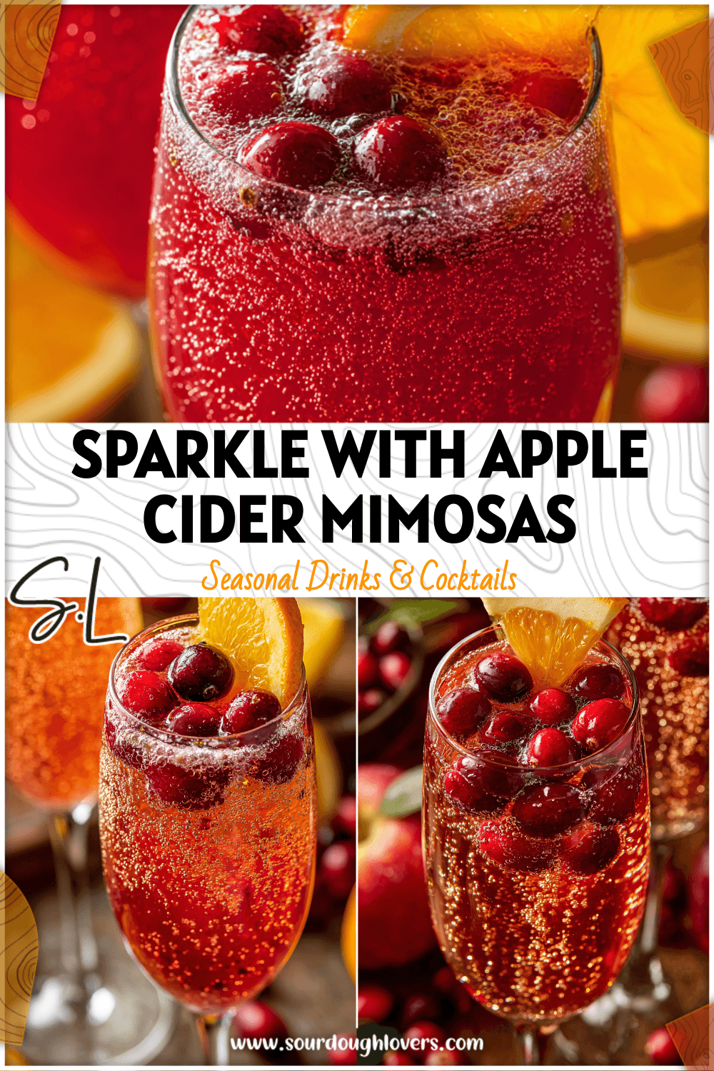 Close-up of a bubbly Apple Cider Mimosa with cranberry and orange slice on a holiday table.