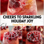 Festive glass of Sparkling Pomegranate Mocktail with cranberry garnish and Pom Juice sparkle