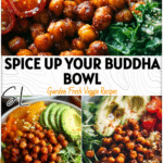 Colorful bowl with quinoa, spicy roasted chickpeas, avocado, and fresh veggies in a clean eating vegan recipe.