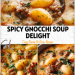 Spicy Italian Sausage Gnocchi Soup Crockpot Recipe 5 Close-up of spicy Italian sausage gnocchi soup simmering in a crockpot with herbs and creamy broth