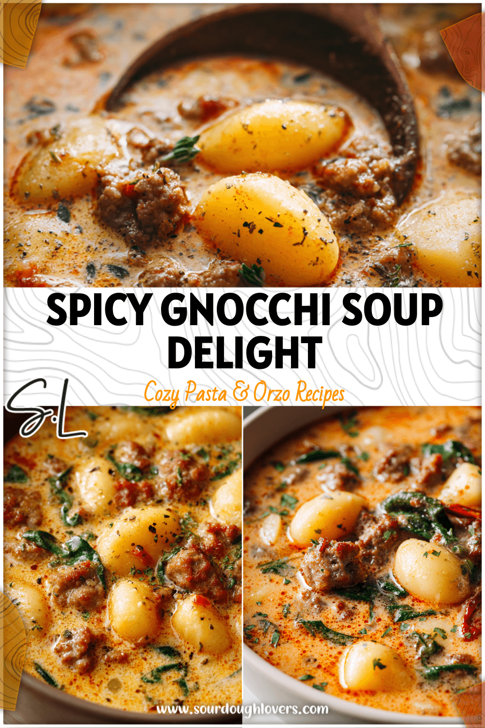 Close-up of spicy Italian sausage gnocchi soup simmering in a crockpot with herbs and creamy broth