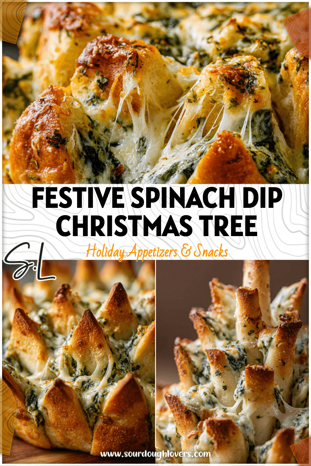 Festive Spinach Dip Christmas Tree made of golden breadsticks with melted cheese and artichokes.