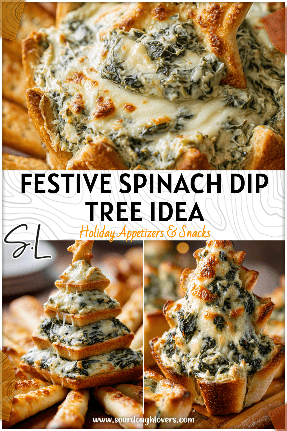 Golden Pizza Crust Spinach Dip Christmas Tree topped with melted cheese and served with breadsticks.