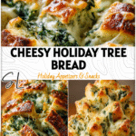 Spinach & Cheese Pull-Apart Christmas Tree Bread 5 Golden pull-apart Xmas Tree Spinach Dip Breadsticks arranged in a festive Christmas tree shape.