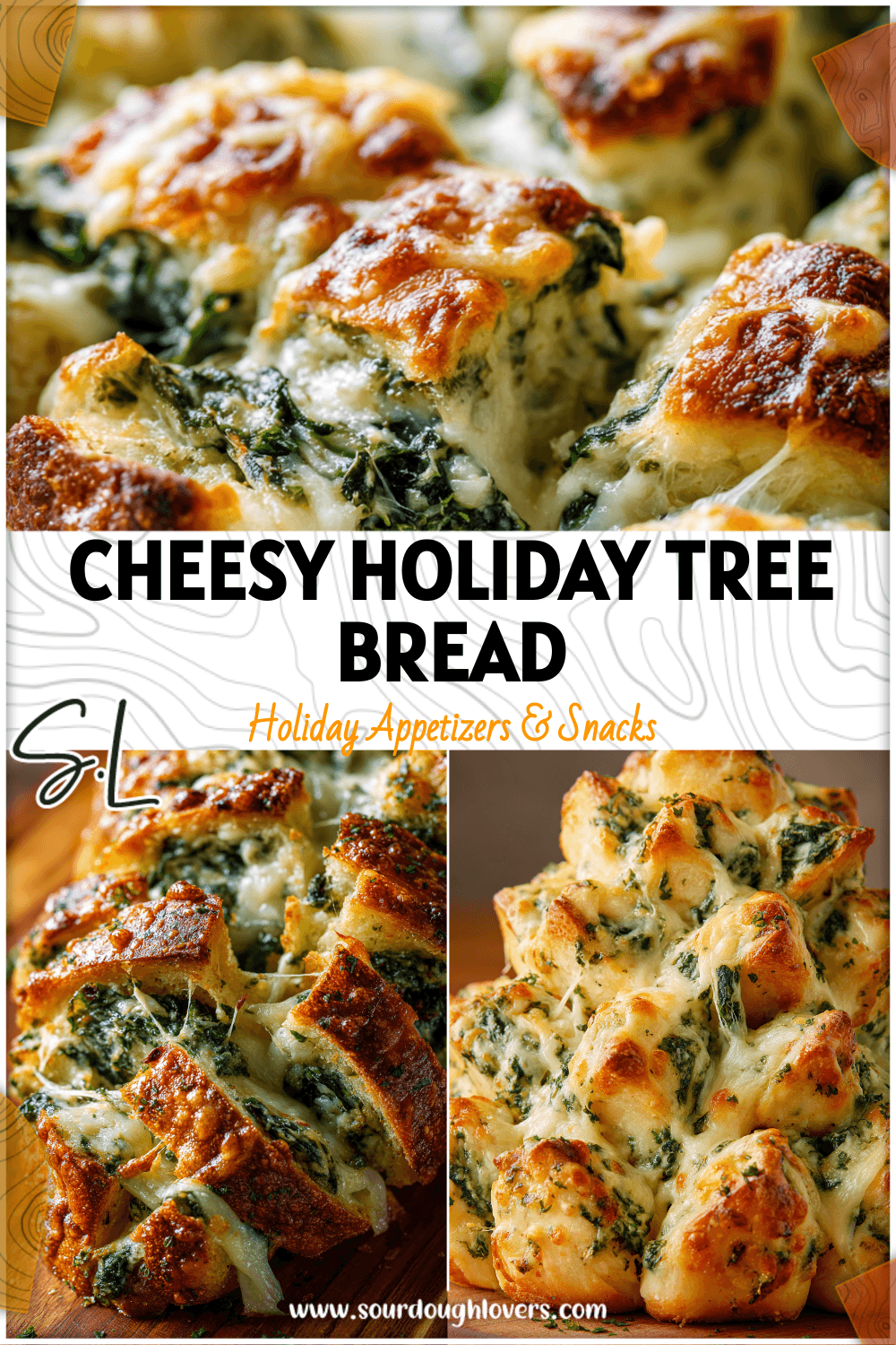 Golden pull-apart Xmas Tree Spinach Dip Breadsticks arranged in a festive Christmas tree shape.