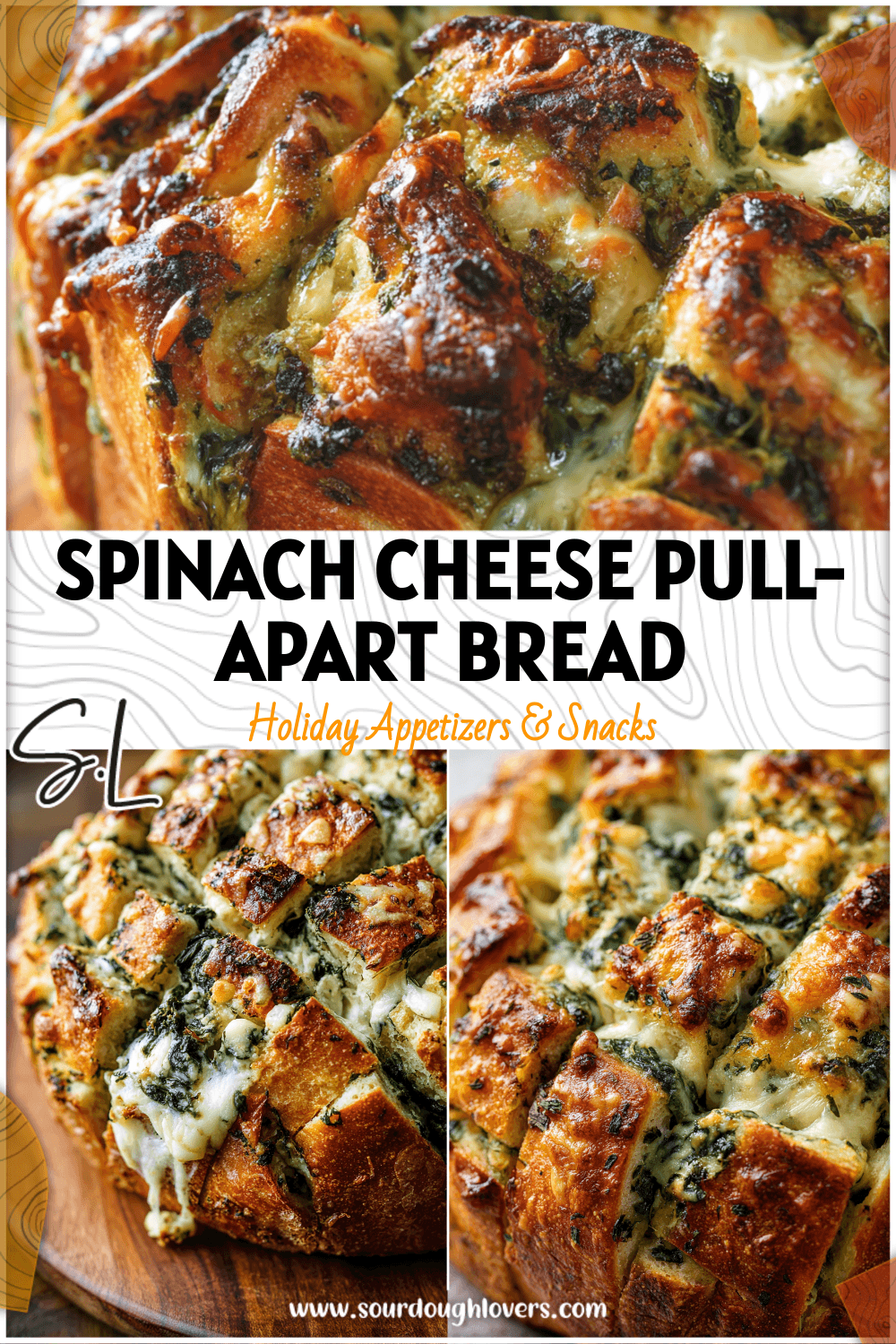Close-up of pull-apart spinach cheese sourdough loaf perfect for party-style Sourdough Appetizers