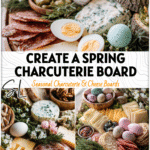 Woodland-style spring cheese board with pastel Easter accents, sliced meats, cheeses, and rustic greenery.