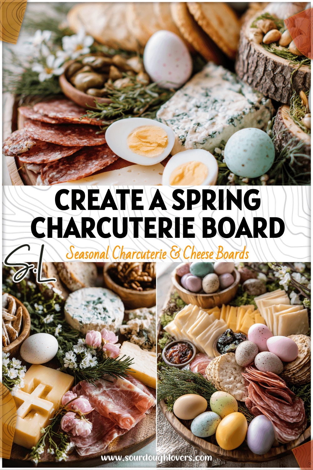 Woodland-style spring cheese board with pastel Easter accents, sliced meats, cheeses, and rustic greenery.