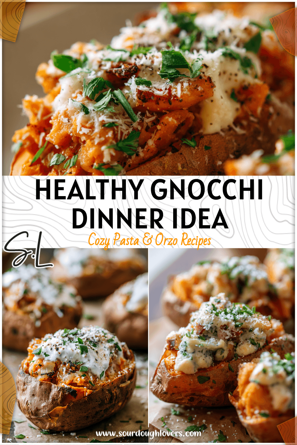 Close-up of stuffed sweet potato gnocchi with creamy filling and sprinkled parmesan cheese.