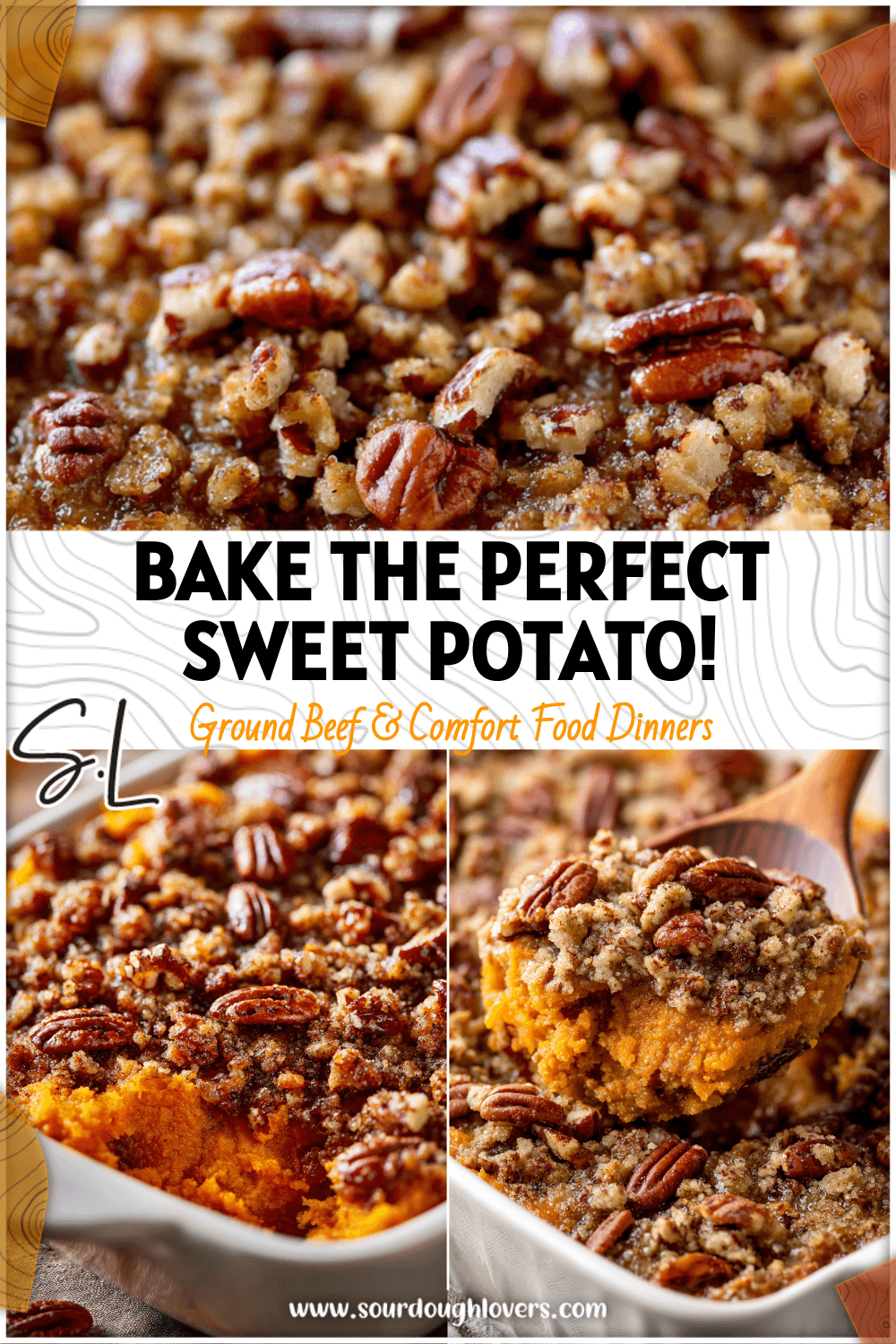 Golden brown Pecan Topped Sweet Potato Casserole with crisp pecan topping and creamy orange-hued filling in a white baking dish.