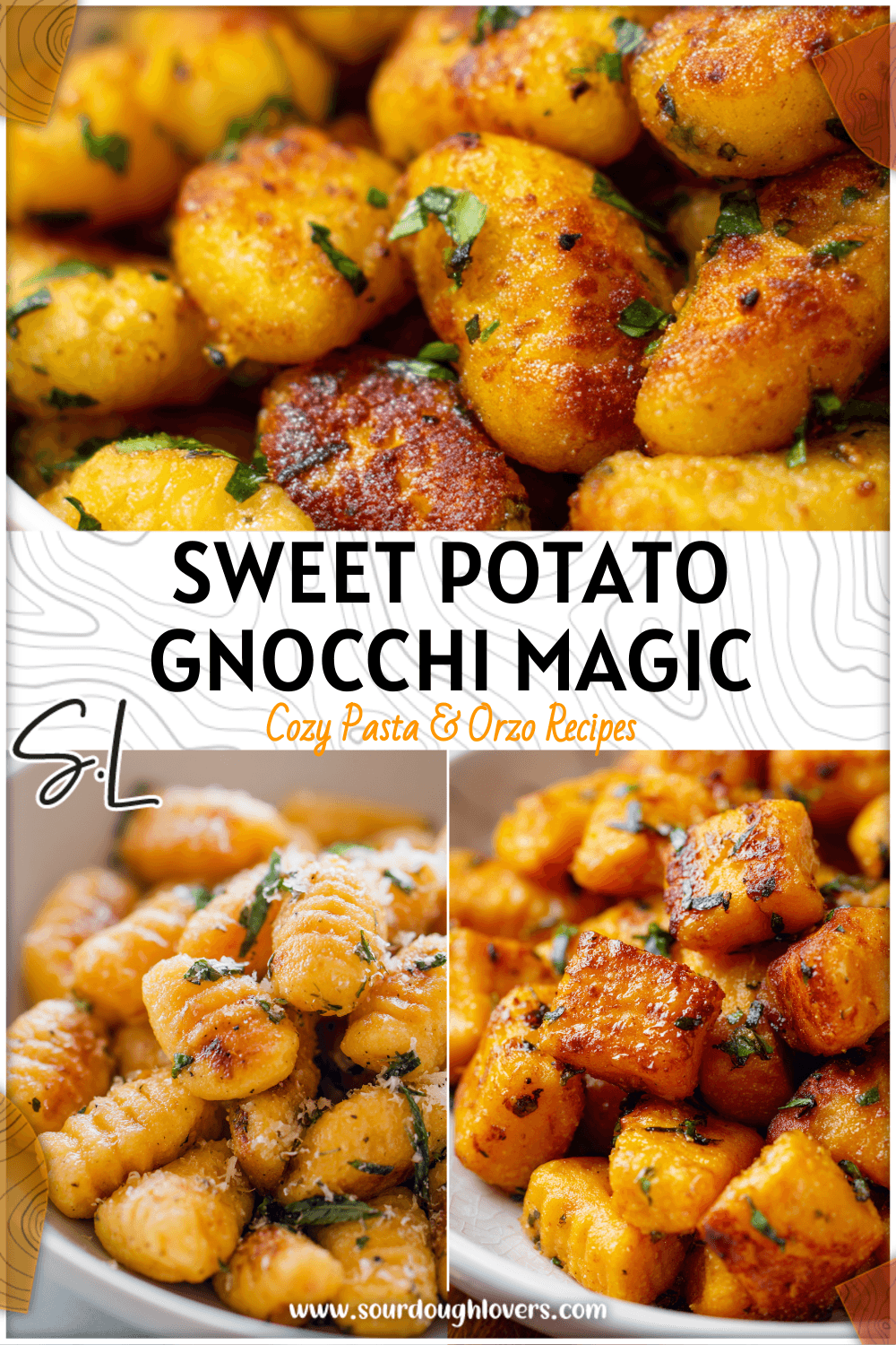 Sweet potato gnocchi tossed with herbs in a white bowl made in an air fryer oven.
