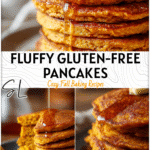 Stack of fluffy sweet potato pancakes served with syrup, a gluten free and dairy free breakfast option.