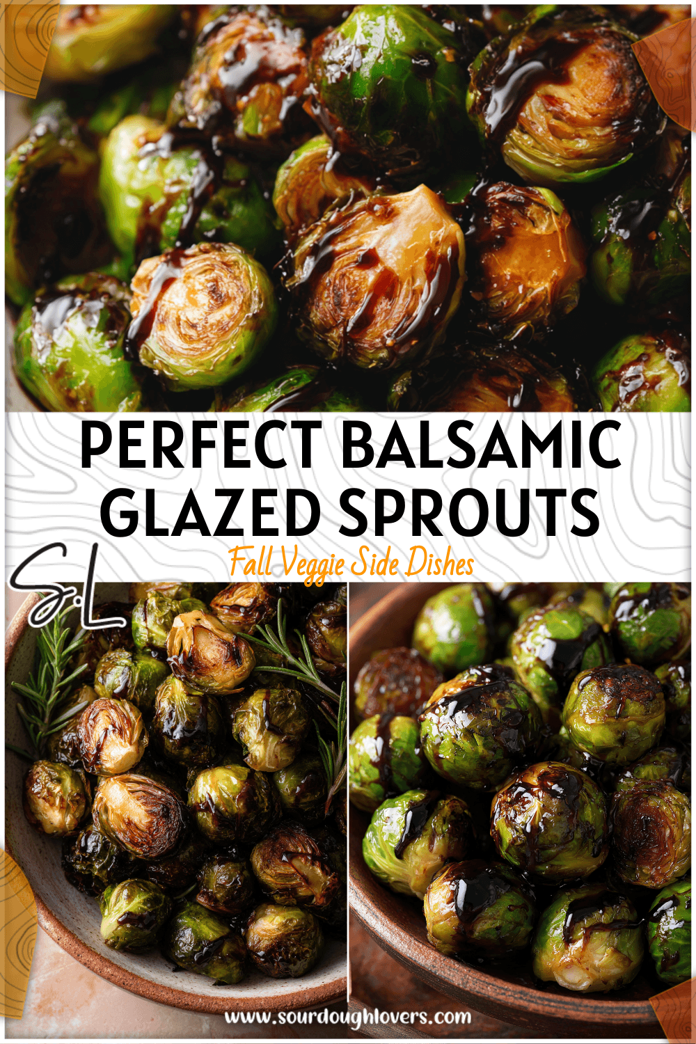 Overhead view of roasted glazed Brussels sprouts drizzled with balsamic glaze on a rustic plate.