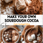 Sweet Sourdough Hot Chocolate Mix with Chocolate Starter Recipe 5 Close-up of rich sourdough hot chocolate mix with mini marshmallows and cocoa dusted spoon on wooden board.