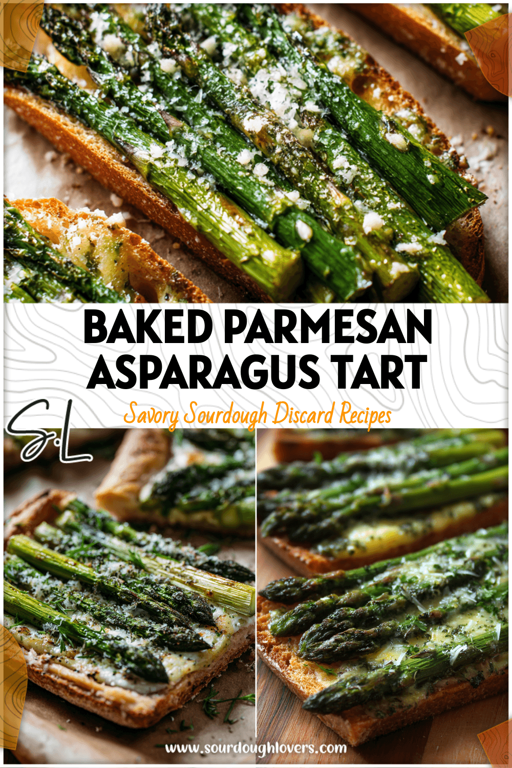 Baked sourdough tart layered with lemon butter parmesan asparagus freshly toasted in oven.