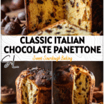 Homemade traditional Italian chocolate panettone on a wooden board with scattered chocolate chips.