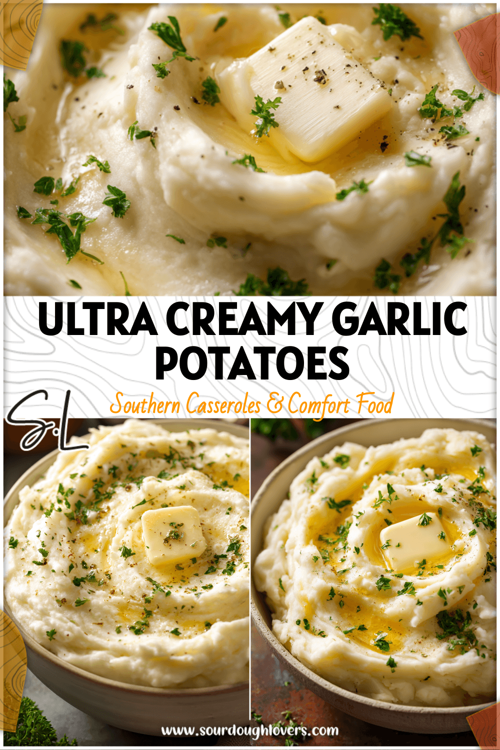 Bowl of Ultra Creamy Slow Cooker Garlic Mashed Potatoes topped with butter and parsley using the Best Slow Cooker.