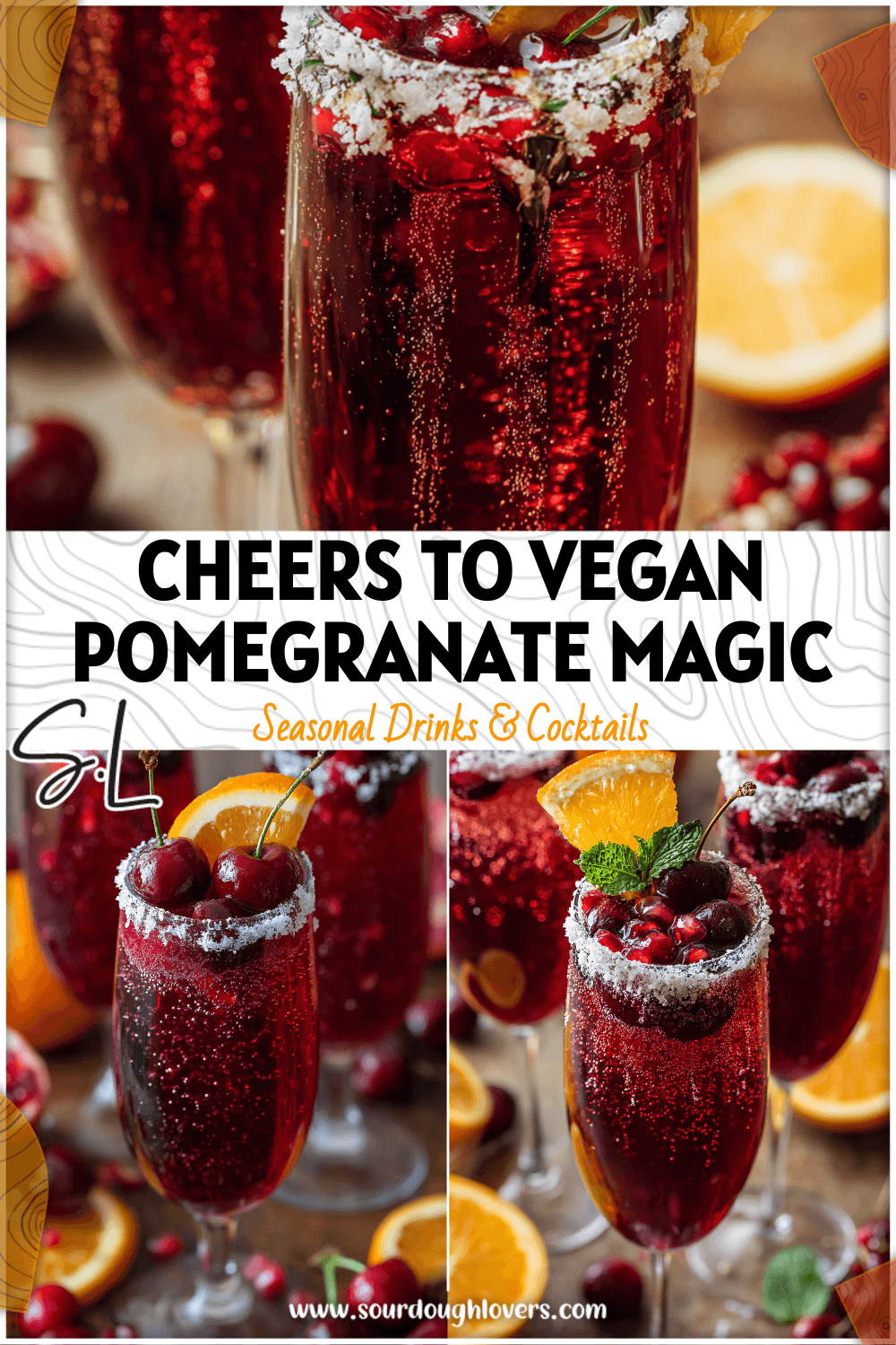 Vegan pomegranate and cherry mocktail served in a tall flute with a sugared rim and fresh fruit garnish.