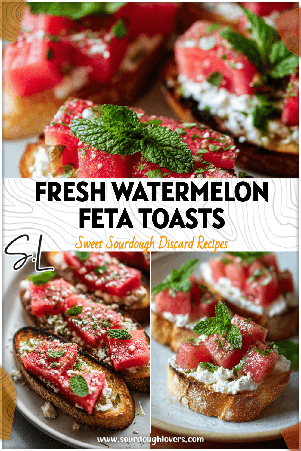 Plate of watermelon feta sourdough toasts with fresh mint, a colorful breakfast toast recipe.