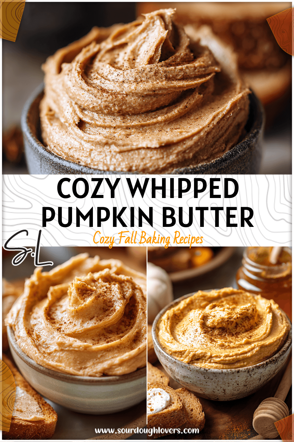 Bowl of whipped pumpkin honey butter topped with cinnamon beside fresh homemade pumpkin spread.