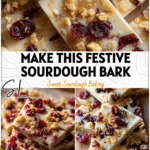 White chocolate cranberry sourdough bark topped with golden cookie crumbs and dried cranberries on parchment paper