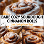 Soft whole wheat sourdough cinnamon rolls topped with icing and filled with a sweet cinnamon swirl.