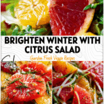 Colorful winter citrus salad with grapefruit slices, honey drizzle, and fresh greens as seasonal salad toppings.