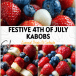 Colorful 4th of July fruit kabobs with red, white, and blue berries arranged on a patriotic picnic table.