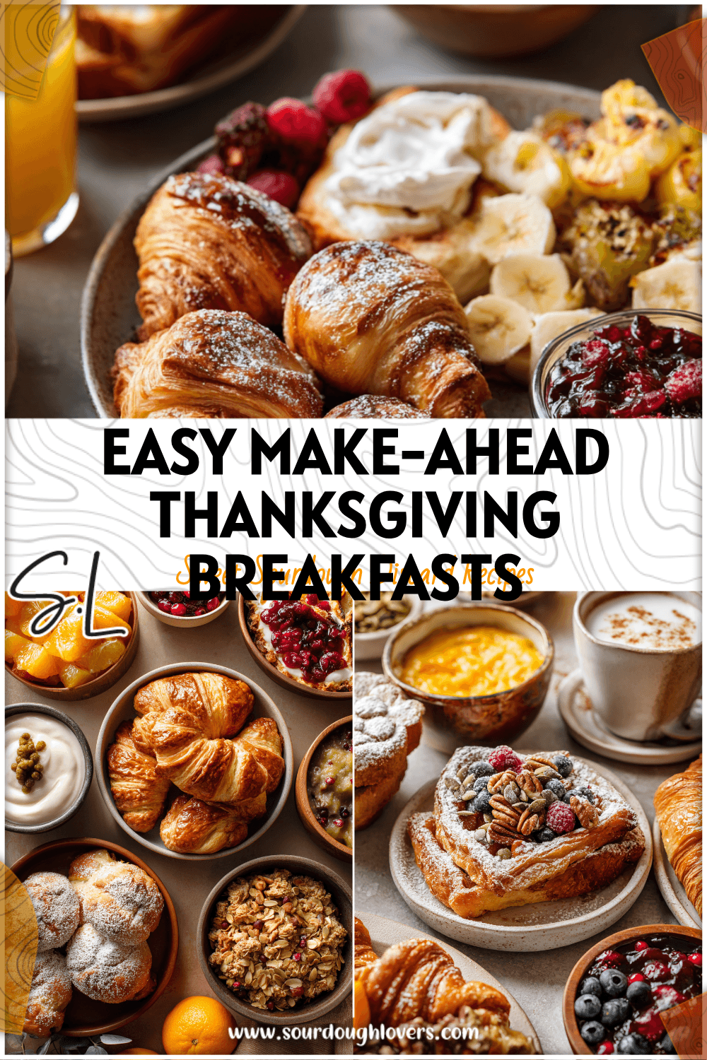 A cozy fall breakfast spread with pastries, fruit, and warm drinks arranged for Thanksgiving morning. 26