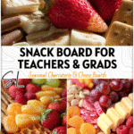 Colorful back-to-school snack board arranged for a Teacher Party or Graduation celebration with fruit and finger foods.