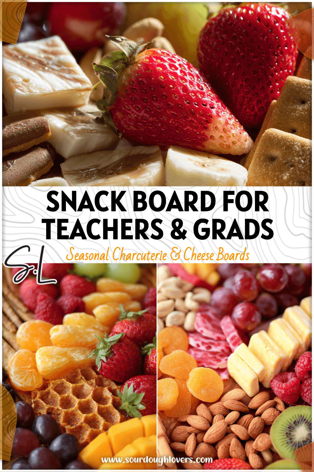 Colorful back-to-school snack board arranged for a Teacher Party or Graduation celebration with fruit and finger foods.