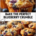 Golden blueberry muffins with buttery crumble topping on a cooling rack beside fresh blueberries. 26