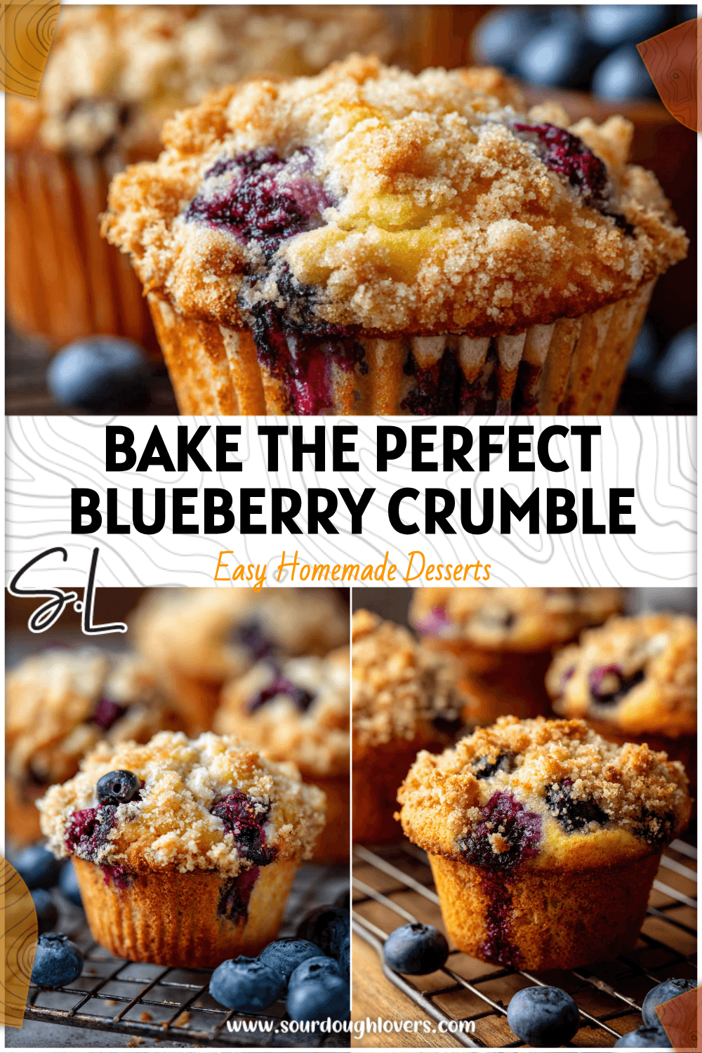 Golden blueberry muffins with buttery crumble topping on a cooling rack beside fresh blueberries. 26