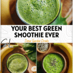 Glass of vibrant green smoothie surrounded by spinach, banana, and vegan ingredients for a fresh plant based drink