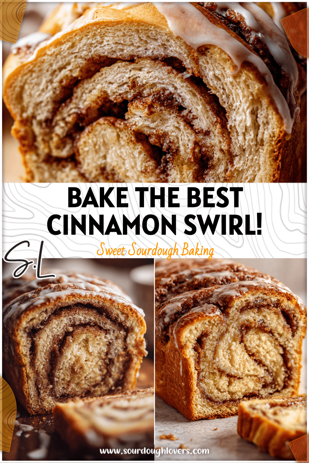 Golden loaf of sourdough cinnamon swirl bread with brown sugar layers and sweet glaze on top. 2026