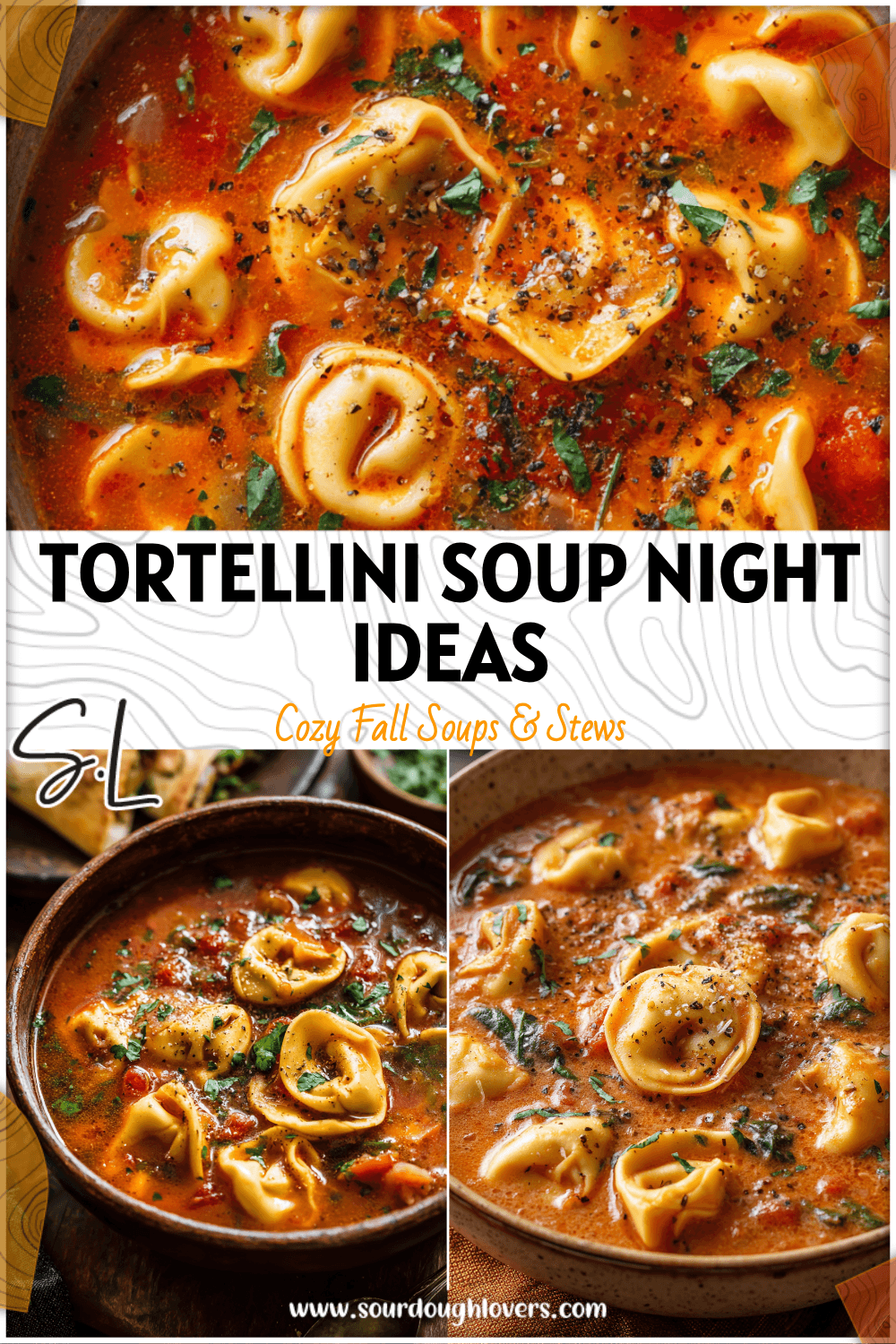 Rustic bowl of tomato tortellini soup served with quesadillas and festive table decor. 26